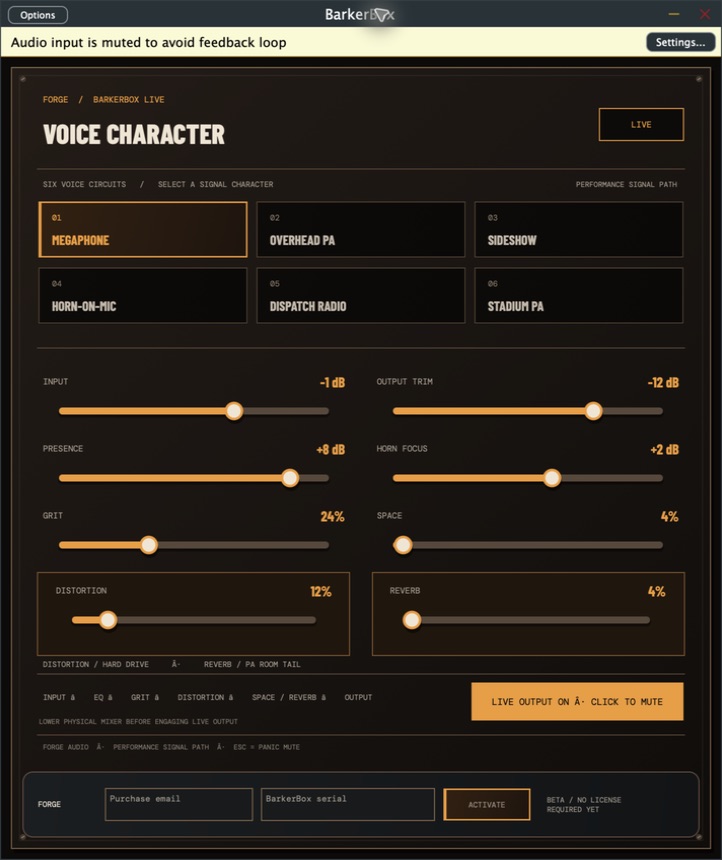 BarkerBox development interface with six voice buttons and eight orange sound faders