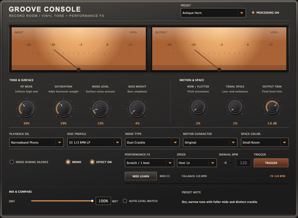 Groove Console development controls, showing amber meters, tone knobs, playback selectors, performance trigger, and mix slider